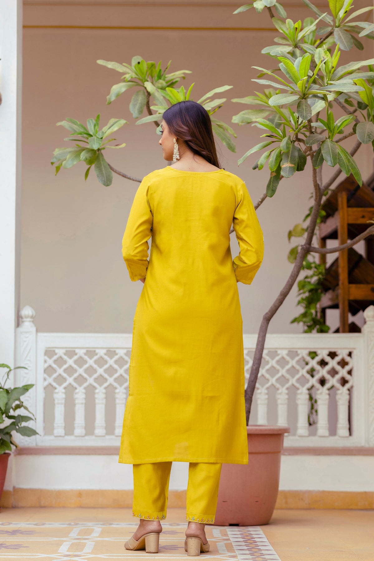 Yellow Viscose Gadhwal Embroidered Kurta Pant Dupatta Set