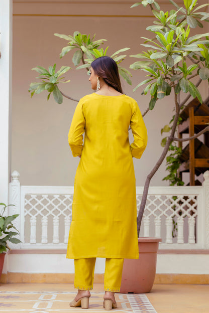 Yellow Viscose Gadhwal Embroidered Kurta Pant Dupatta Set