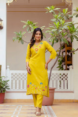Yellow Viscose Gadhwal Embroidered Kurta Pant Dupatta Set