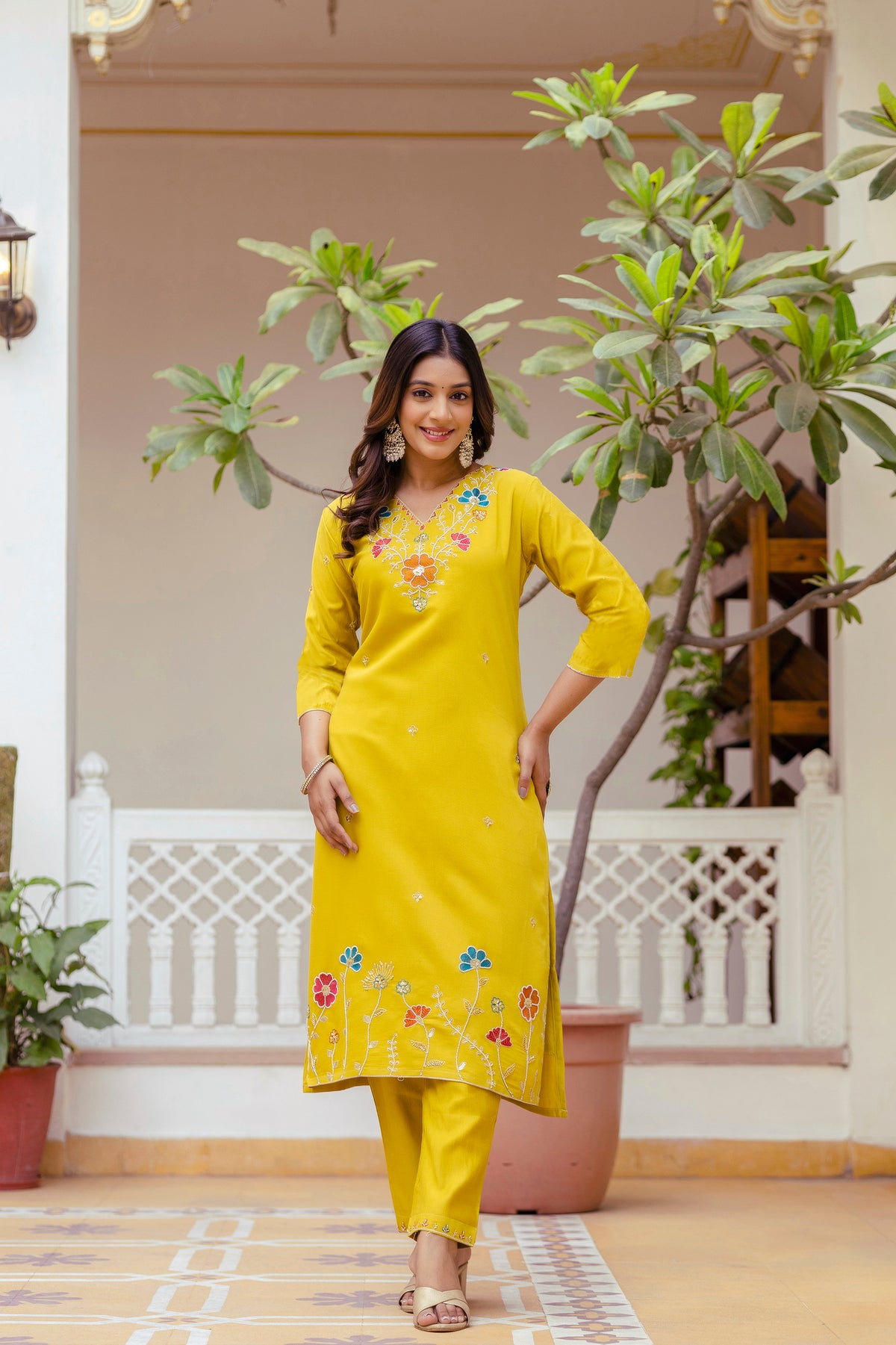Yellow Viscose Gadhwal Embroidered Kurta Pant Dupatta Set