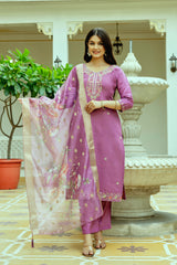 Purple Elegant Embroidered Chanderi Silk Suit Set