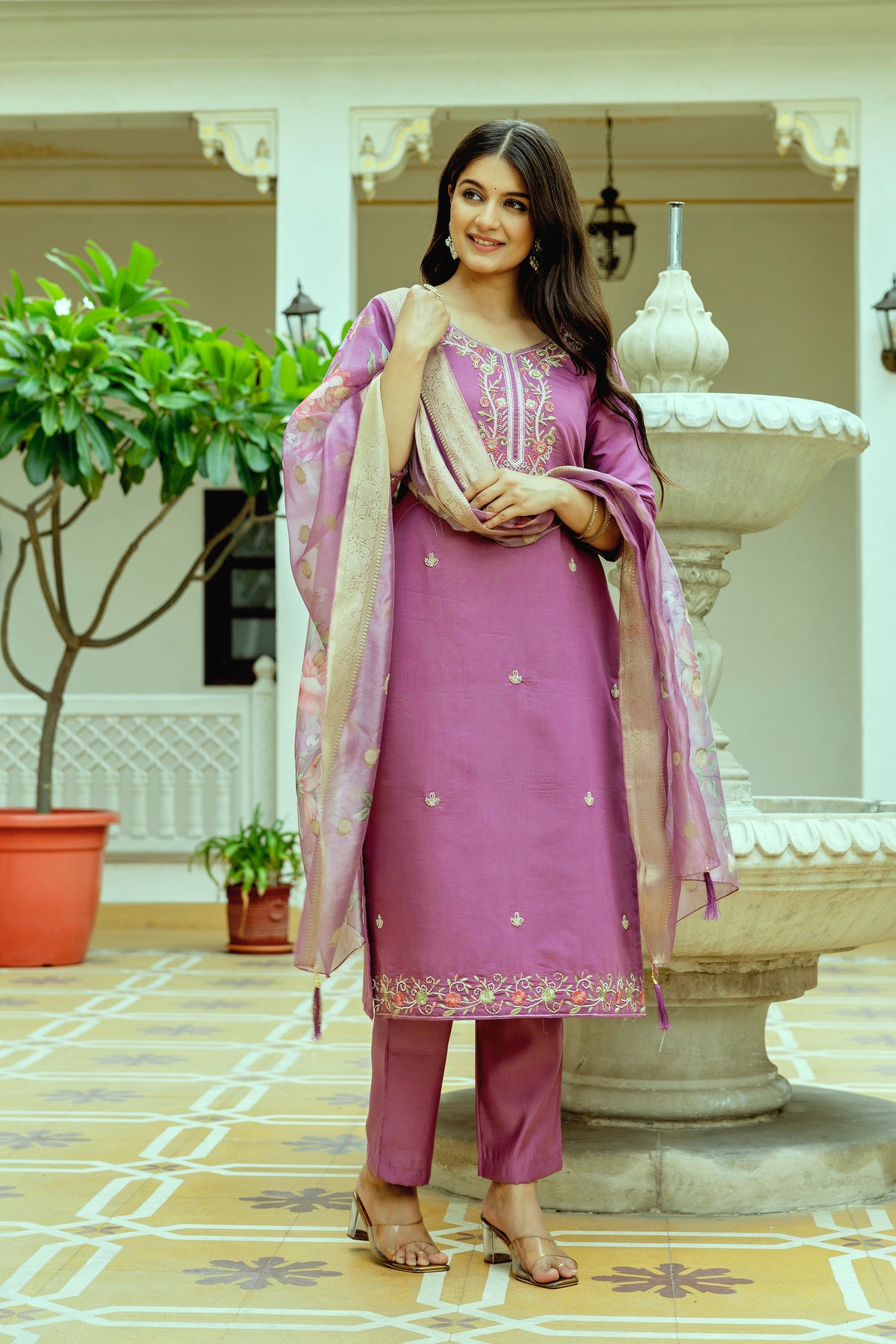 Purple Elegant Embroidered Chanderi Silk Suit Set