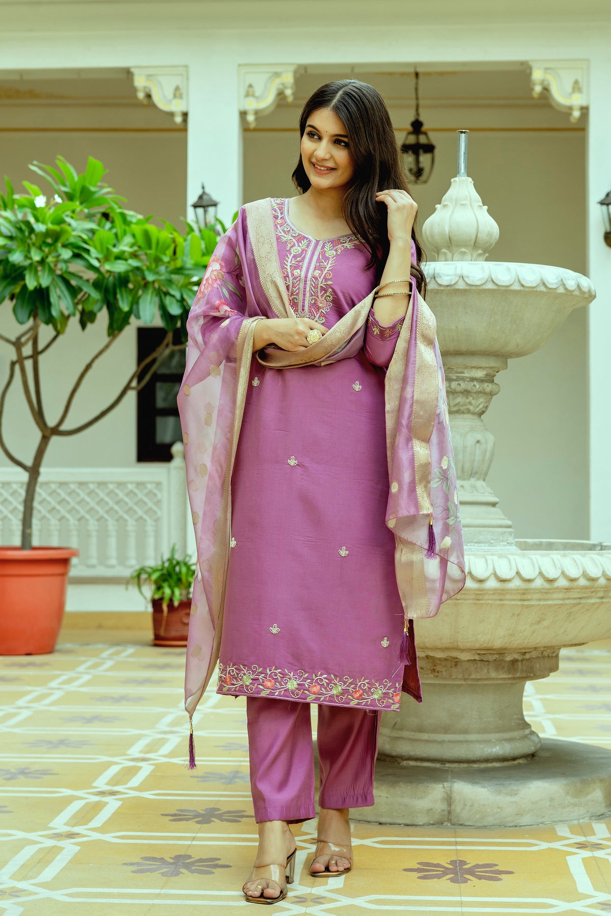 Purple Elegant Embroidered Chanderi Silk Suit Set