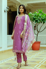 Purple Elegant Embroidered Chanderi Silk Suit Set
