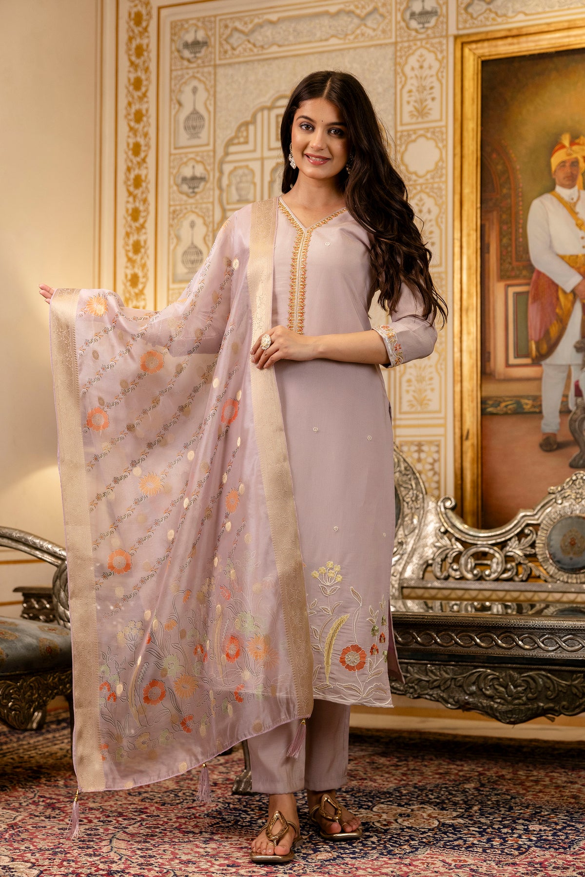 Levendar Embroidered Viscose Simer Suit Set