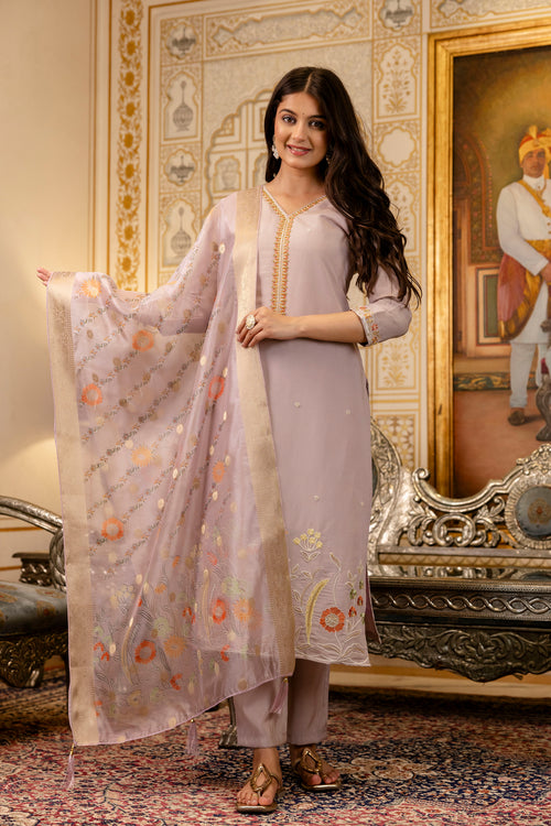 Levendar Embroidered Viscose Simer Suit Set