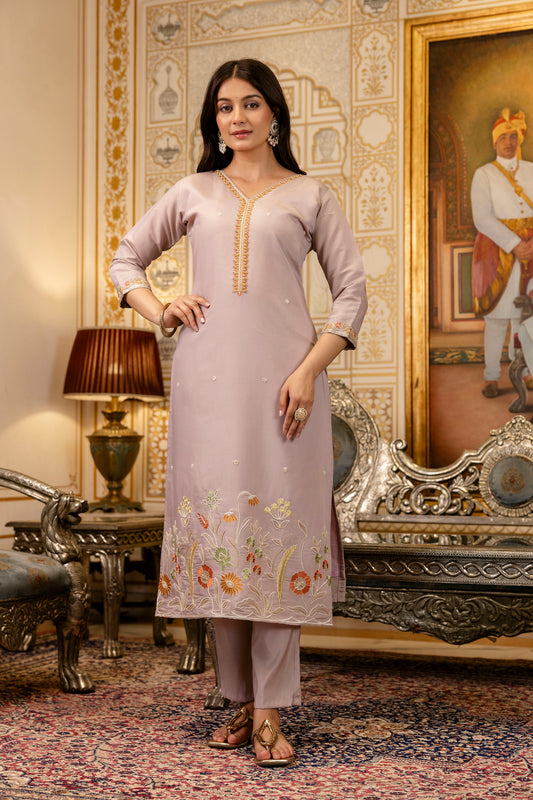 Levendar Embroidered Viscose Simer Suit Set
