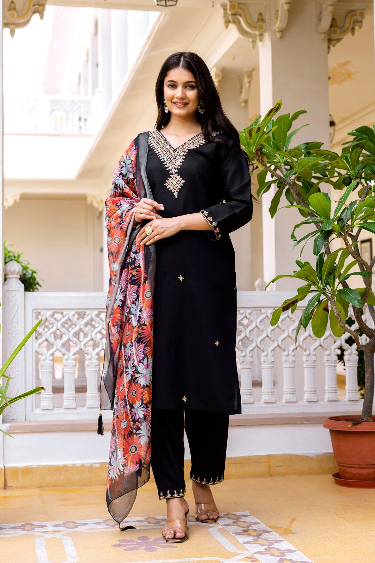 Black Embroidered Chanderi Suit Set