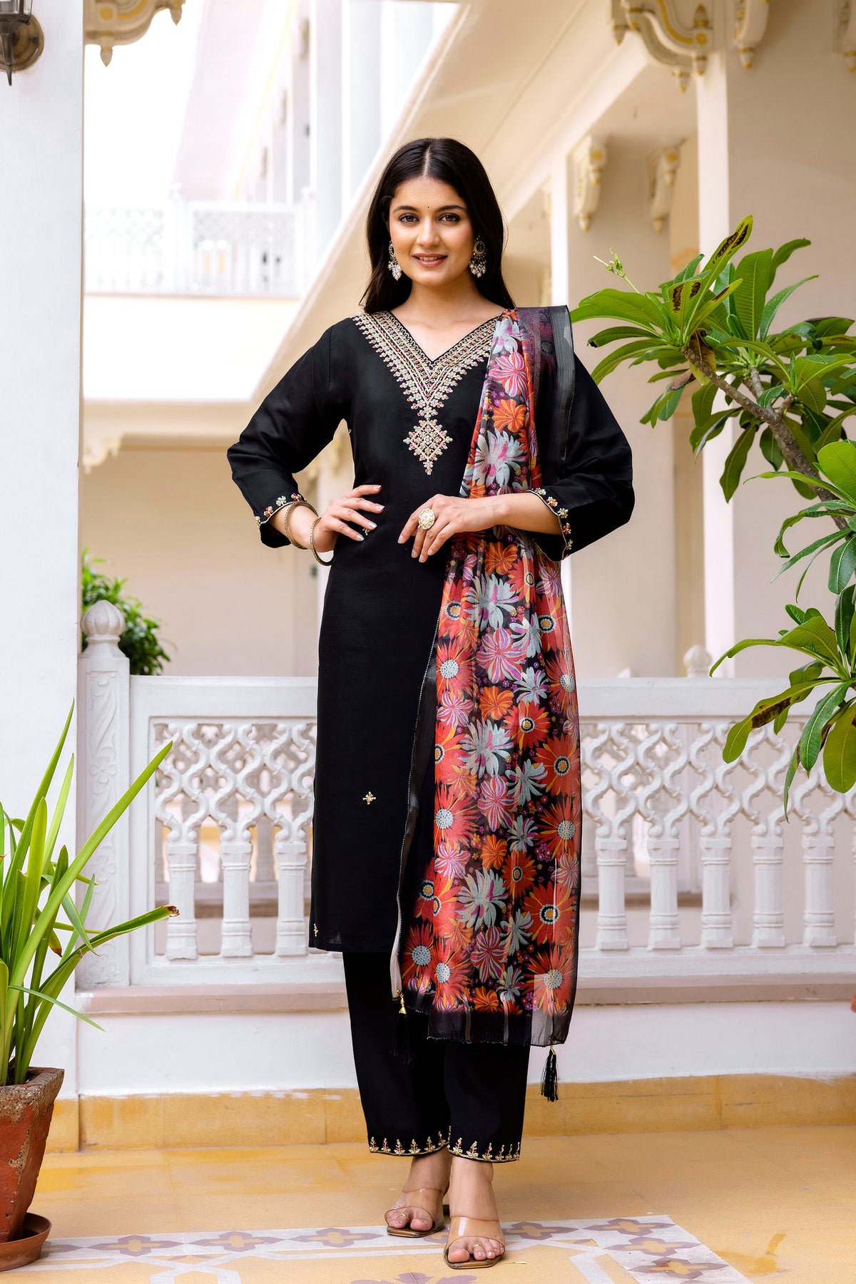 Black Embroidered Chanderi Suit Set