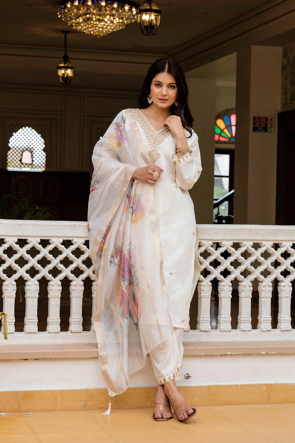White Embroidered Chanderi Suit Set