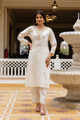 White Embroidered Chanderi Suit Set