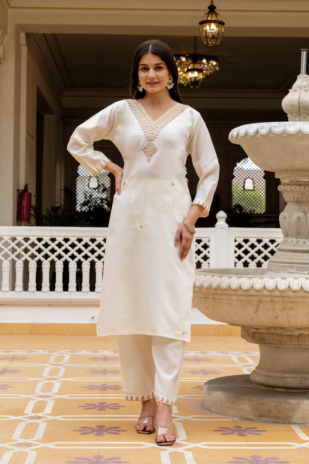 White Embroidered Chanderi Suit Set