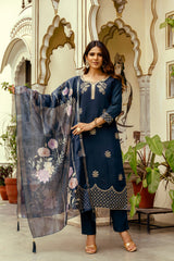 Navy Blue Embroidered Chanderi Suit Set