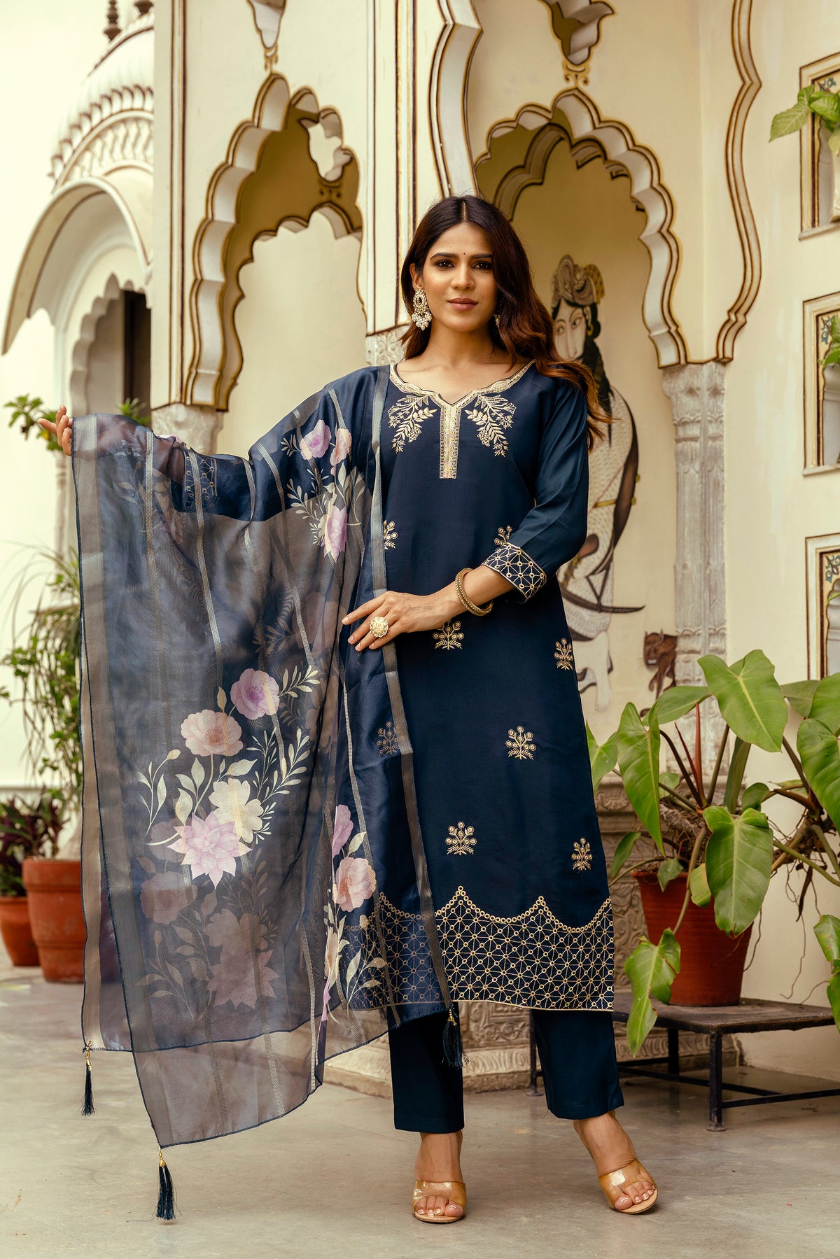 Navy Blue Embroidered Chanderi Suit Set