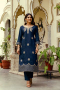 Navy Blue Chanderi Embroidered Suit Set