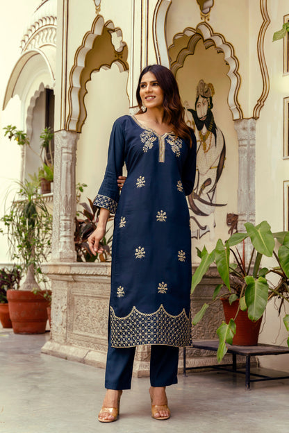 Navy Blue Chanderi Embroidered Suit Set