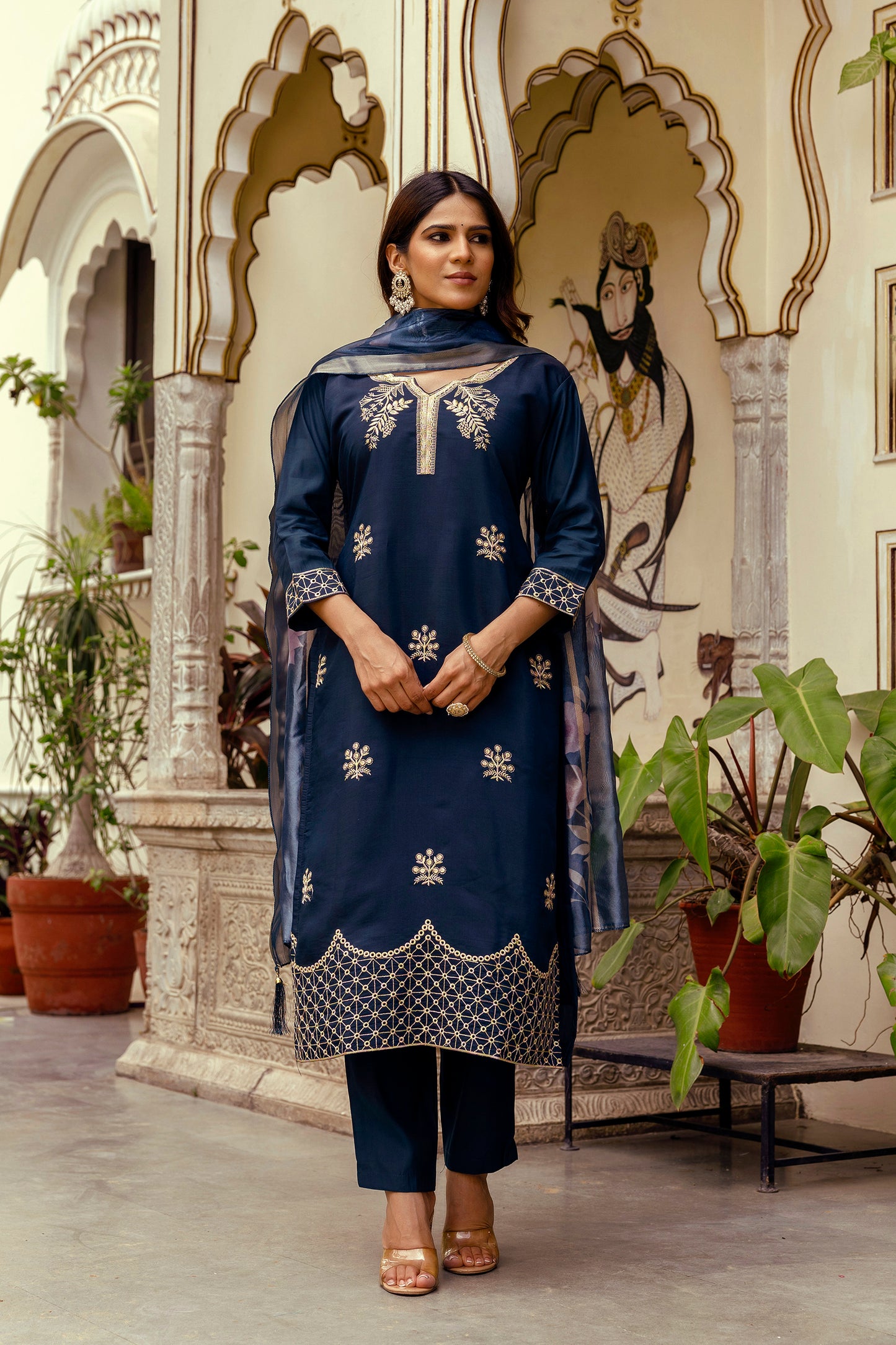 Navy Blue Chanderi Embroidered Suit Set