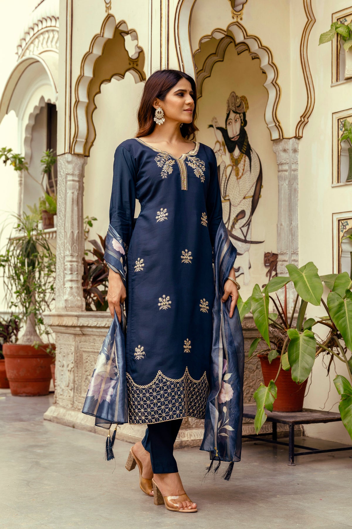 Navy Blue Embroidered Chanderi Suit Set