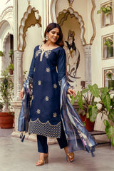 Navy Blue Embroidered Chanderi Suit Set
