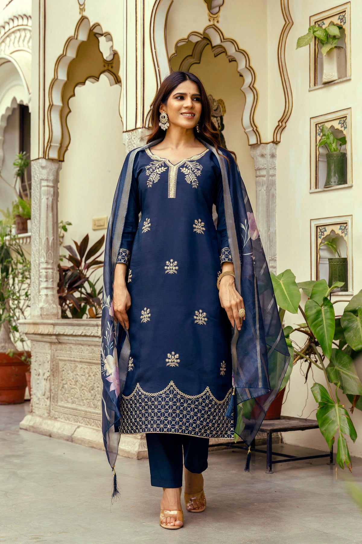 Navy Blue Embroidered Chanderi Suit Set
