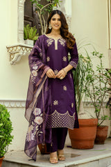 Wine Embroidered Chanderi Suit Set