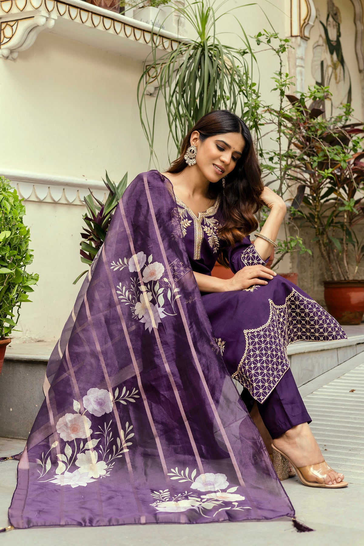 Wine Embroidered Chanderi Suit Set