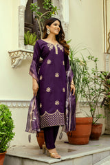 Wine Embroidered Chanderi Suit Set