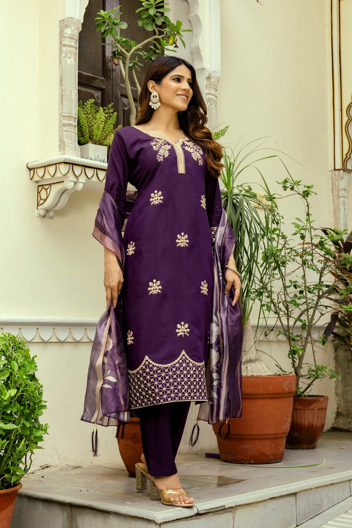 Wine Embroidered Chanderi Suit Set