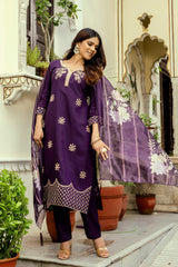 Wine Embroidered Chanderi Suit Set