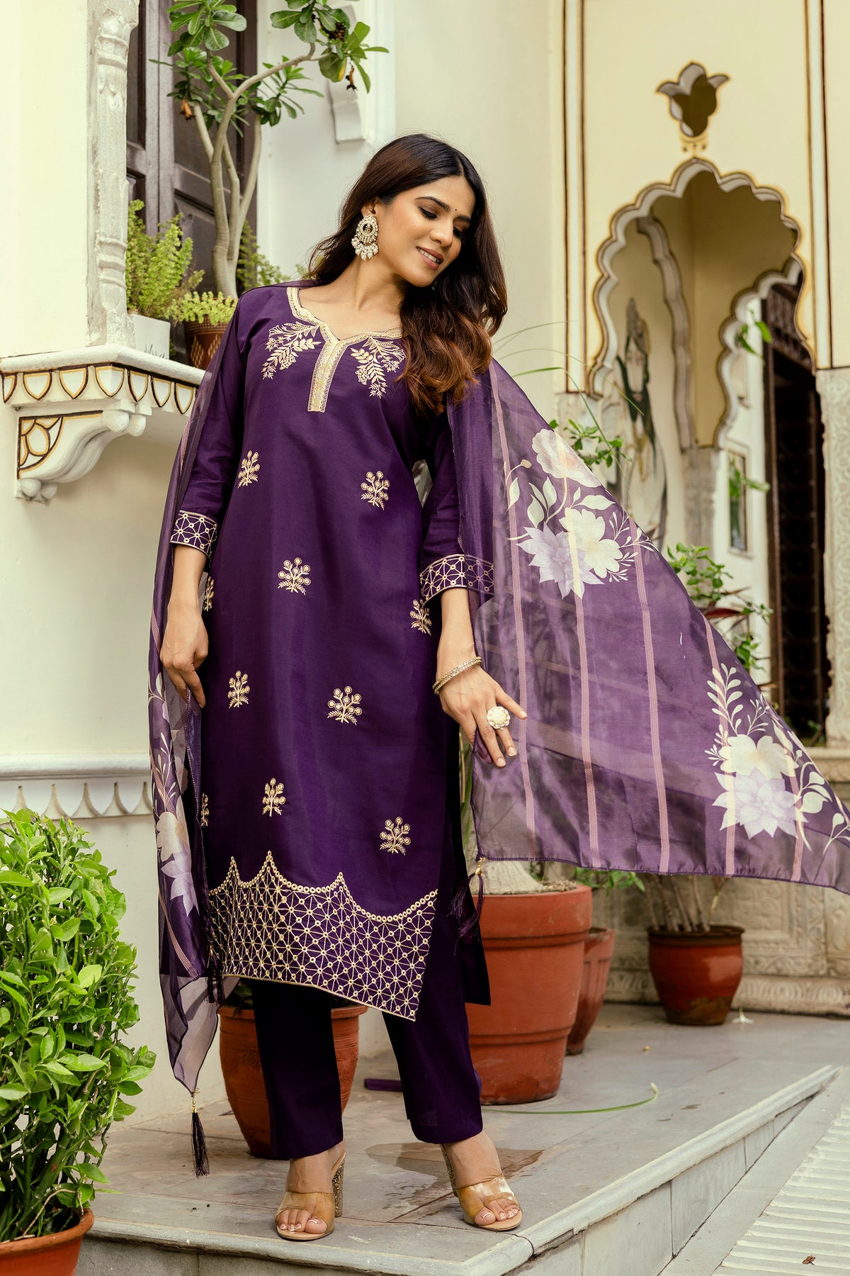 Wine Embroidered Chanderi Suit Set