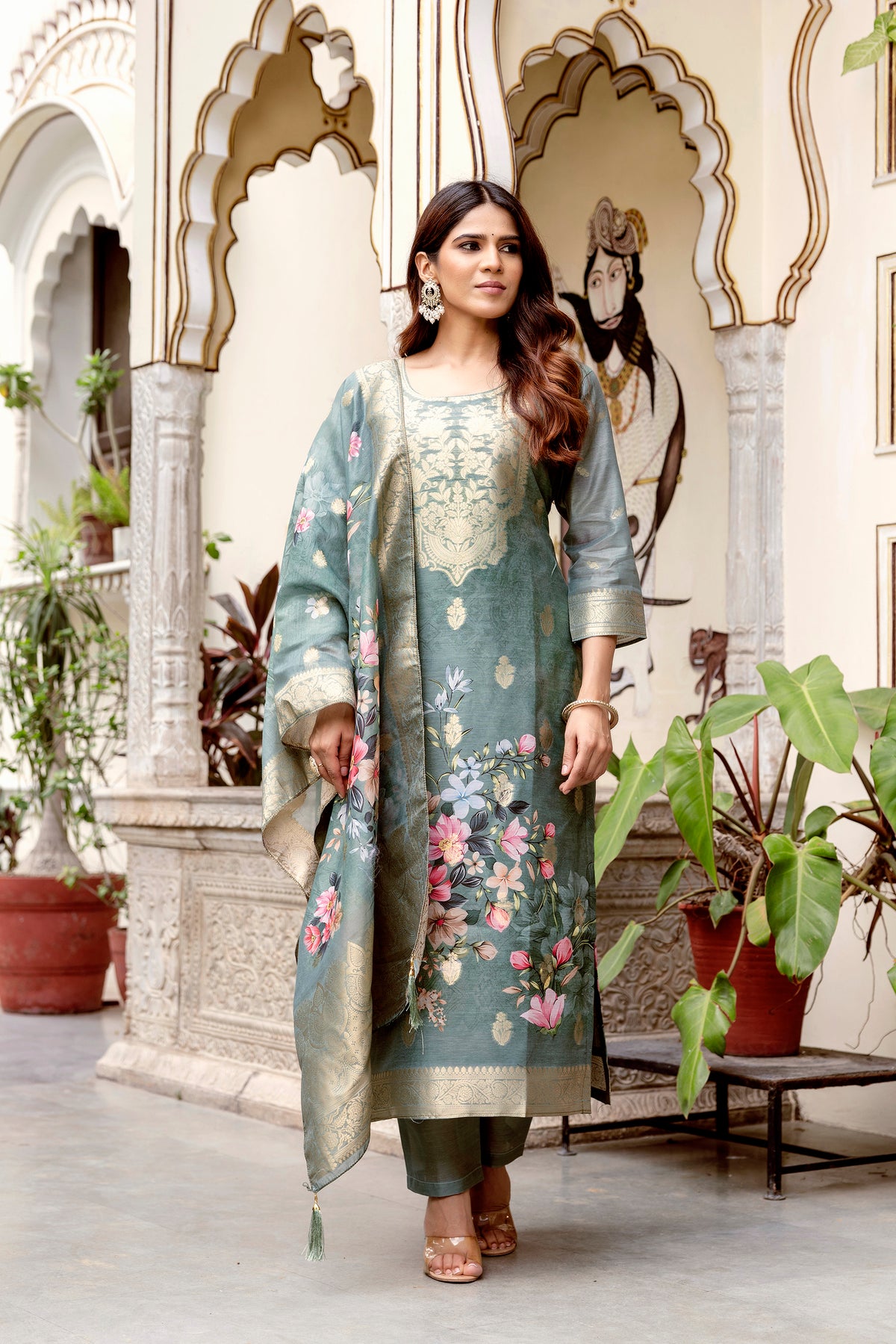 Grey Printed Chanderi Cotton Suit Set