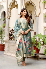 Grey Printed Chanderi Cotton Suit Set