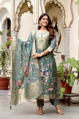 Grey Printed Chanderi Cotton Suit Set