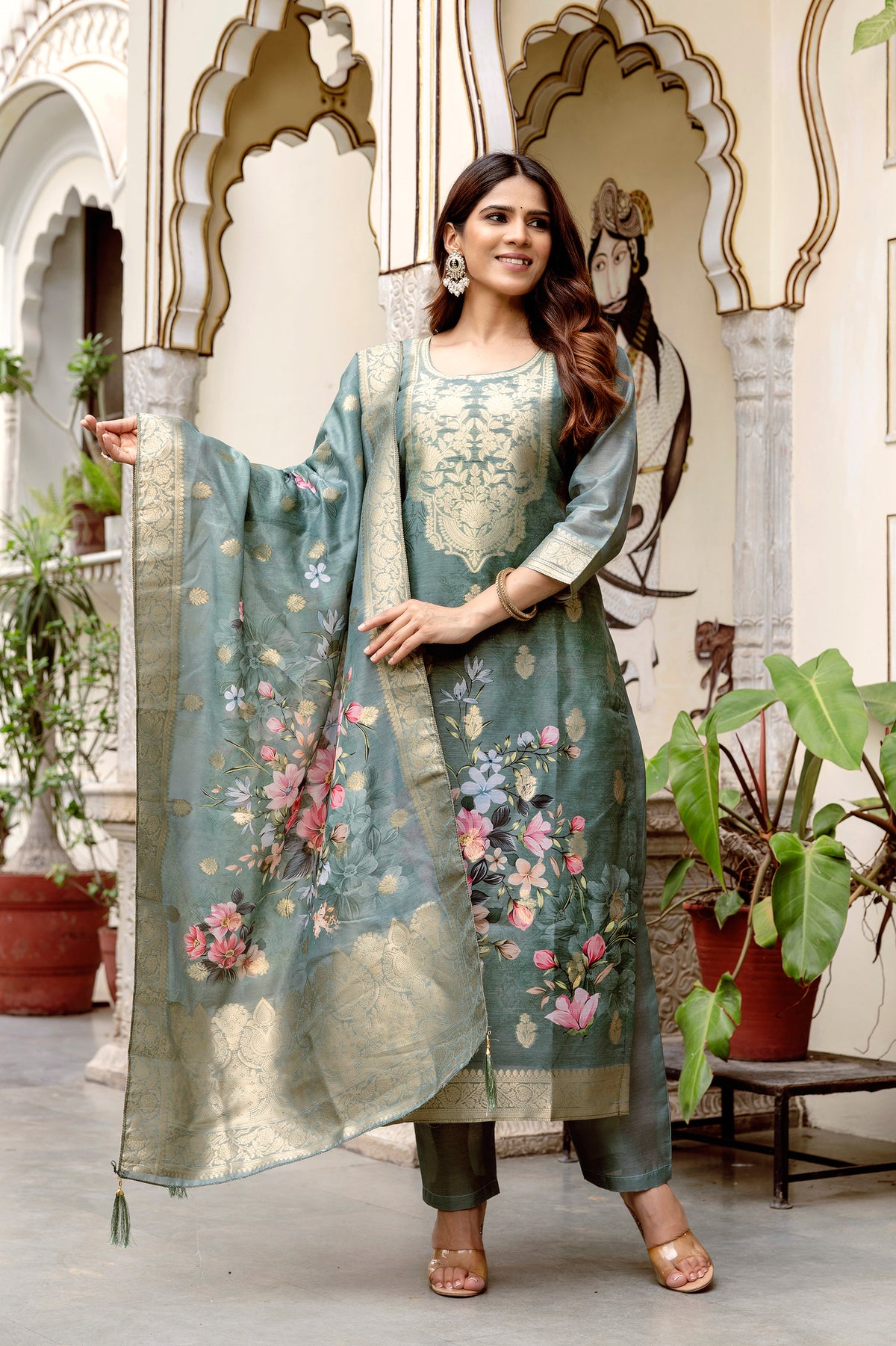 Grey Printed Chanderi Cotton Suit Set