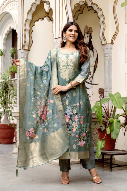 Grey Printed Chanderi Cotton Suit Set