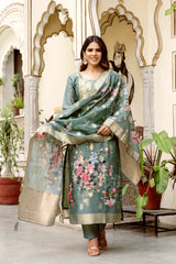Grey Printed Chanderi Cotton Suit Set