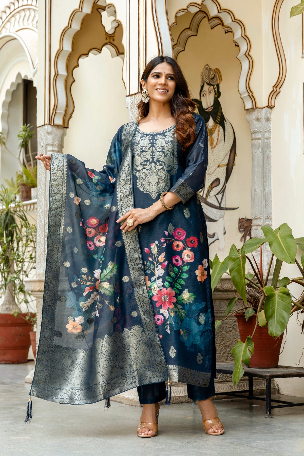 Navy Blue Printed Chanderi Cotton Suit Set