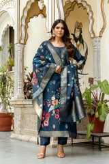 Navy Blue Printed Chanderi Cotton Suit Set