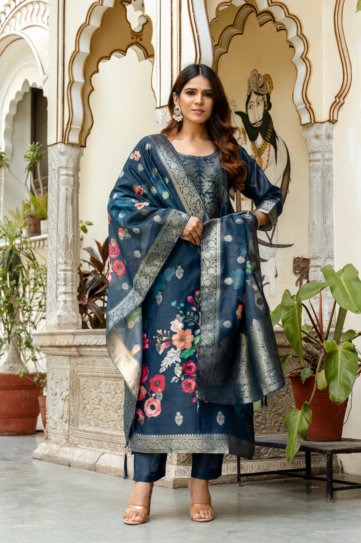 Navy Blue Printed Chanderi Cotton Suit Set