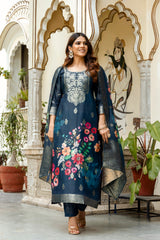 Navy Blue Printed Chanderi Cotton Suit Set