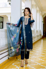 Blue Embroidered Chanderi Suit Set