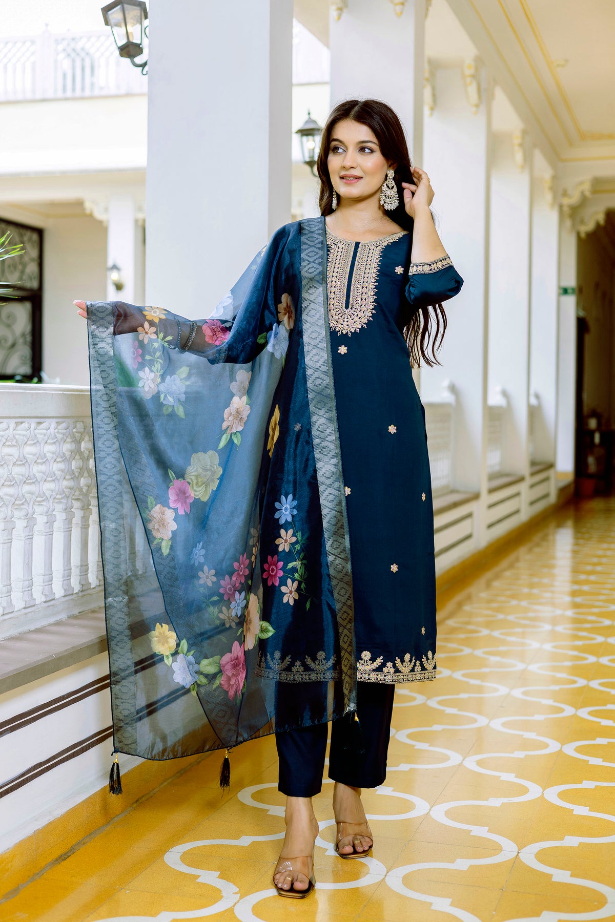Blue Embroidered Chanderi Suit Set