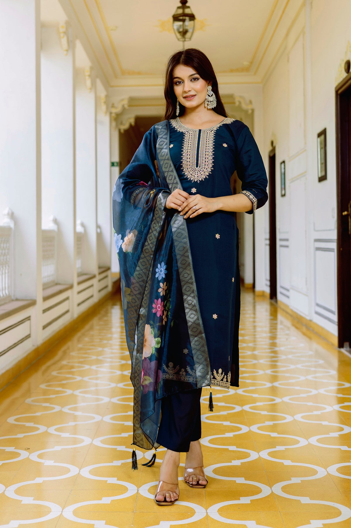 Blue Embroidered Chanderi Suit Set