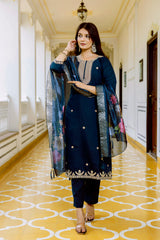 Blue Embroidered Chanderi Suit Set