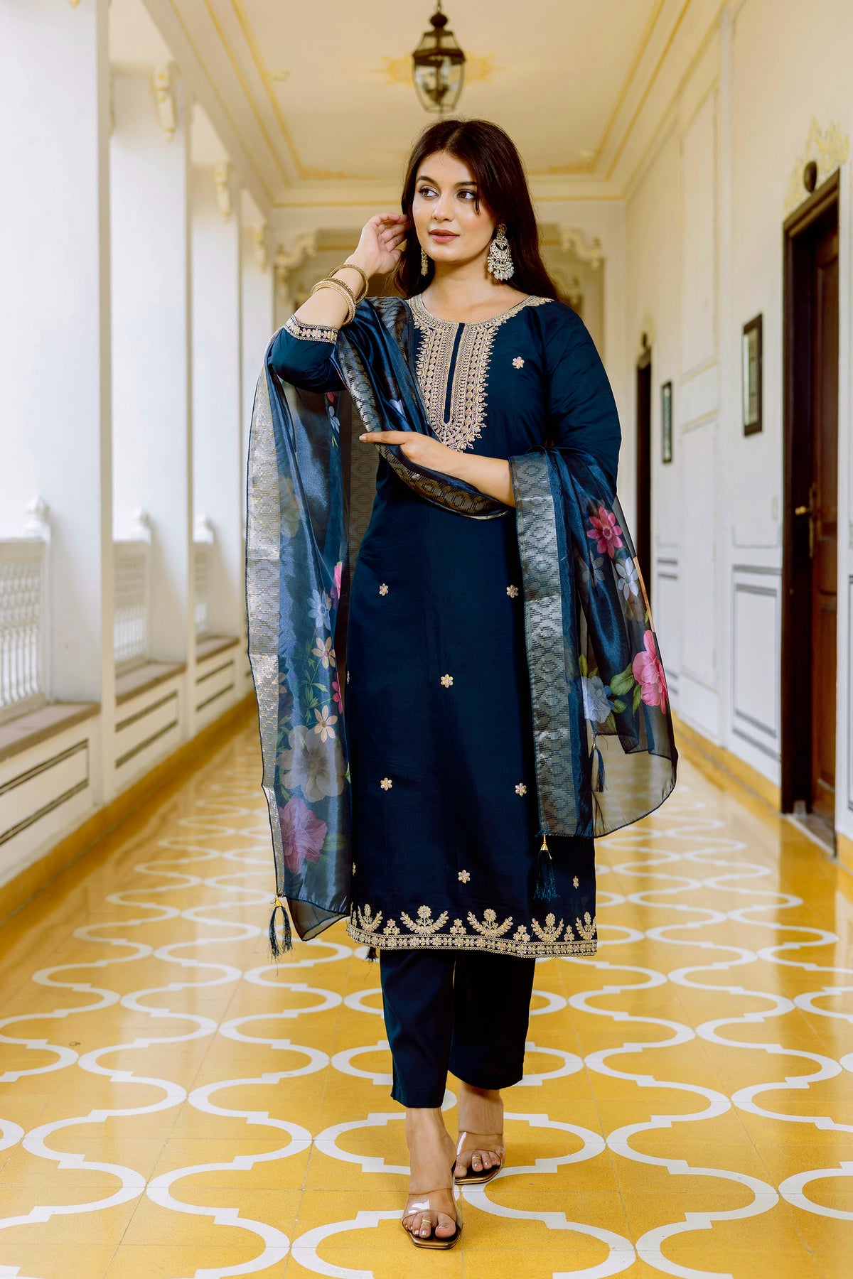 Blue Embroidered Chanderi Suit Set