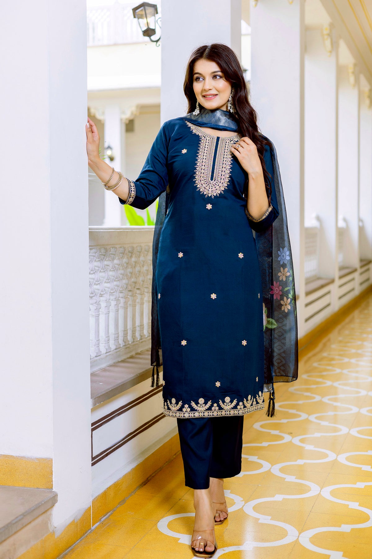 Blue Embroidered Chanderi Suit Set