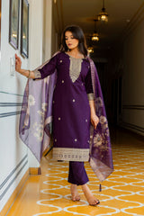 Wine Embroidered Chanderi Cotton Suit Set
