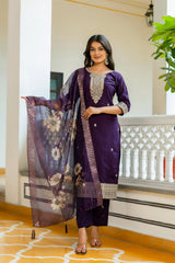 Wine Embroidered Chanderi Cotton Suit Set