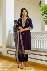 Wine Embroidered Chanderi Cotton Suit Set