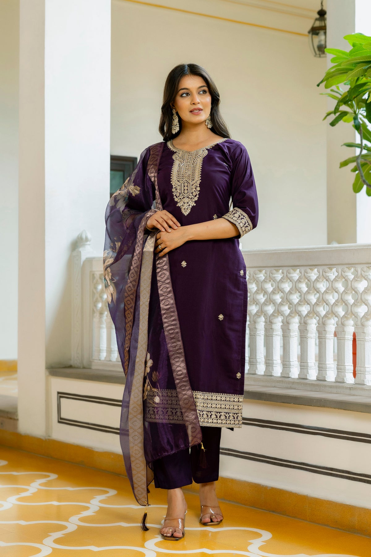 Wine Embroidered Chanderi Cotton Suit Set